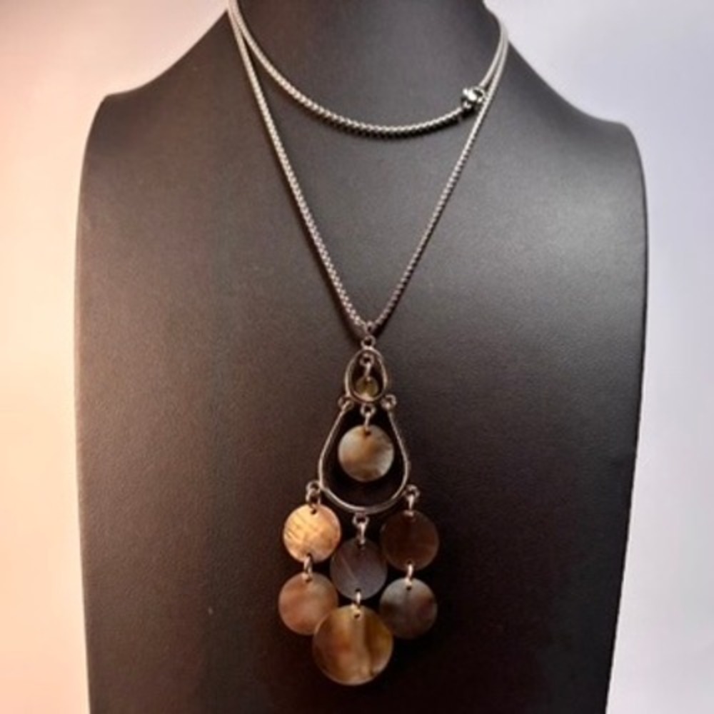 Shell Chandelier Necklace Brown Silver Tone Boho Statement Whimsygoth Jewelry